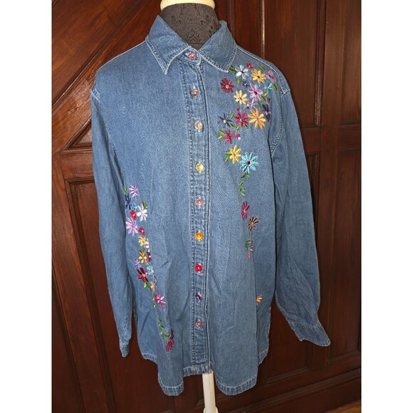 Silver Threads Embroidered Floral Denim Shirt L 100% Cotton Womens Long Sleeve - Picture 1 of 9